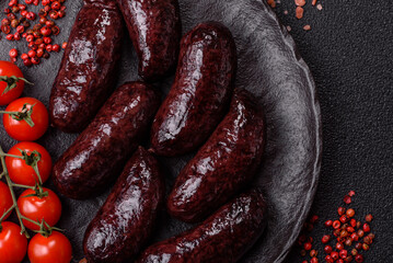Blood sausage, pudding, meat food with lard and spices. Blood sausage