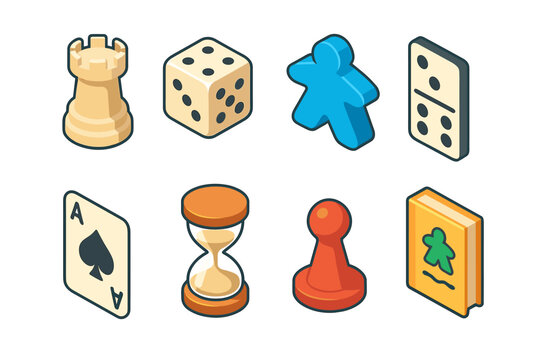Isometric board game elements: chess, dice, pawn, card, domino, hourglass, meeple