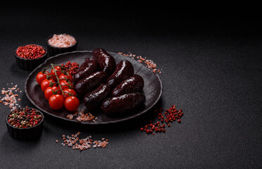 Blood sausage, pudding, meat food with lard and spices. Blood sausage
