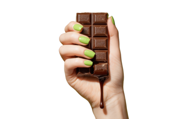 Woman's Hand Holding Melting Dark Chocolate Bar with Green Nails on White Background - Sweet Treat, Dessert, Indulgence