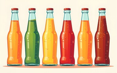 Illustration of colorful soda bottles in a row, representing refreshing drinks and retro beverage packaging. High quality