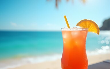 Refreshing drinks on the beach with ocean view for summer vacation, tourism, and travel promotions. High quality