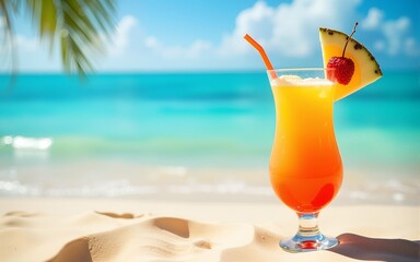 Fresh tropical cocktail on beach with sand. Summer sea vacation and travel concept. Exotic summer drinks. High quality