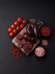 Blood sausage, pudding, meat food with lard and spices. Blood sausage