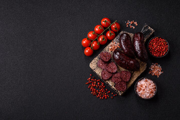Blood sausage, pudding, meat food with lard and spices. Blood sausage