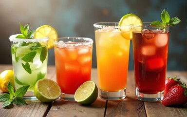 Selection of refreshing summer drinks - mojito, sangria, mimosa, aperol, martini, rustic background copy space. High quality
