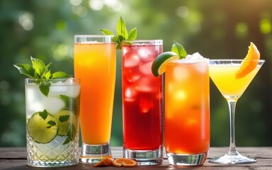 Selection of refreshing summer drinks - mojito, sangria, mimosa, aperol, martini, rustic background copy space. High quality