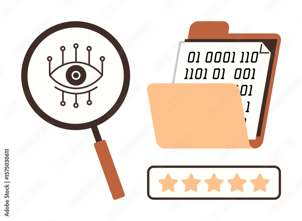 Aufkleber magnifying glass with digital eye, folder with binary code paper, and five-star rating bar. ideal fo