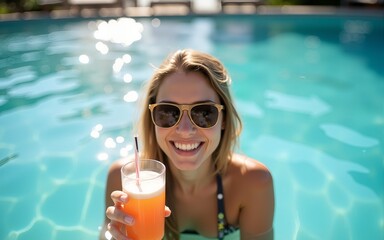 Happy young woman with sunglasses holding a drink while floating in a pool on a sunny day. High quality