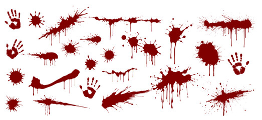 blood splatter or stain set reflecting murder, violence, criminal, death, injury, wound, creepy, spooky, horror, scary etc concept. realistic red spilled blood set