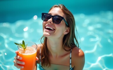 Happy young woman with sunglasses holding a drink while floating in a pool on a sunny day. High quality