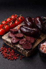 Blood sausage, pudding, meat food with lard and spices. Blood sausage