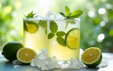 Fresh lime and mint drinks with ice, lemons, and glasses, botanical and citrus concepts, refreshing beverages, and summer drinks. High quality