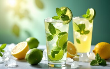 Fresh lime and mint drinks with ice, lemons, and glasses, botanical and citrus concepts, refreshing beverages, and summer drinks. High quality