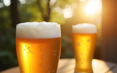 Refreshing Beer in a Sunny Beer Garden. High quality