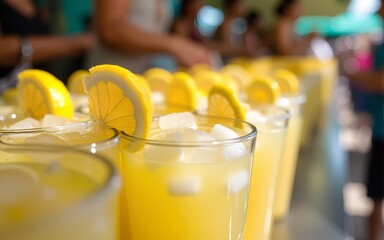 Rows of fresh lemonade in plastic cups with lemon slices at a vibrant market, capturing a refreshing summer vibe. High quality