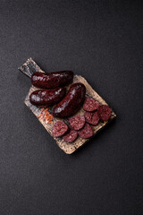 Blood sausage, pudding, meat food with lard and spices. Blood sausage