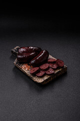 Blood sausage, pudding, meat food with lard and spices. Blood sausage