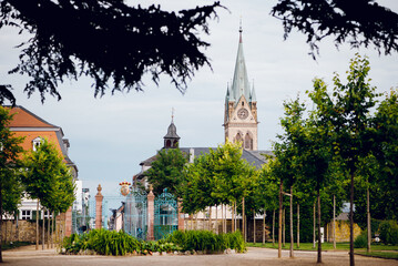 European Church with Spire and Iron Gate