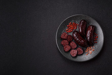 Blood sausage, pudding, meat food with lard and spices. Blood sausage