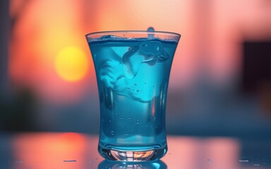 Beautiful blue cocktail glass glistening with condensation sits elegantly against a vibrant backdrop highlighting the refreshing essence of summer drinks and joyful social gatherings. High quality