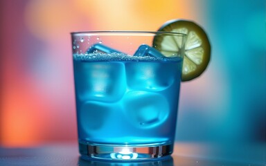 Beautiful blue cocktail glass glistening with condensation sits elegantly against a vibrant backdrop highlighting the refreshing essence of summer drinks and joyful social gatherings. High quality