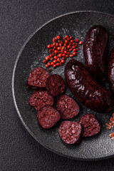 Blood sausage, pudding, meat food with lard and spices. Blood sausage