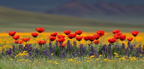 A patch of wildflowers growing at the edge of a reflective pond, with the water and sky blurred behind