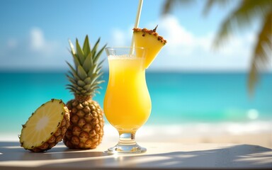 Tropical refreshment a refreshing pineapple cocktail with slices and beachfront views. High quality