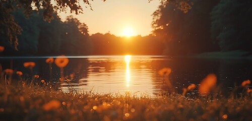 A patch of wildflowers growing at the edge of a reflective pond, with the water and sky blurred behind