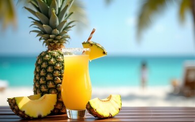 Tropical refreshment a refreshing pineapple cocktail with slices and beachfront views. High quality