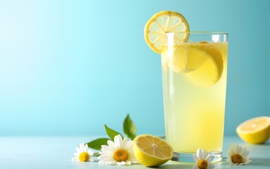 Refreshing summer lemonade with lemon slices and chamomile flowers on a light blue background. High quality