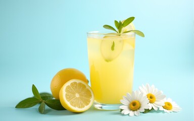 Refreshing summer lemonade with lemon slices and chamomile flowers on a light blue background. High quality