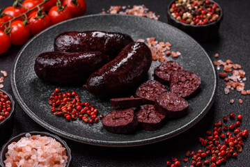 Blood sausage, pudding, meat food with lard and spices. Blood sausage