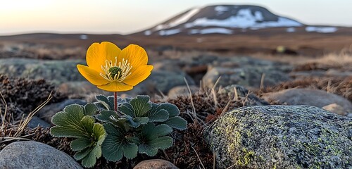 A grassy meadow dotted with wildflowers, with a blurred rocky hillside in the distance