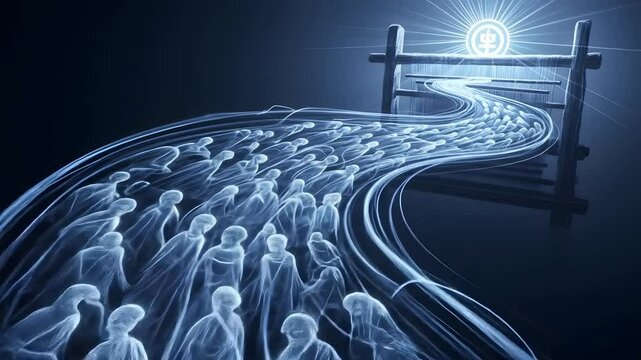 Souls journeying towards afterlife gate with luminous emblem. Conceptual motion graphics for spirituality, transition, new beginnings, digital afterlife, and philosophical concepts.
