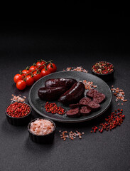 Blood sausage, pudding, meat food with lard and spices. Blood sausage