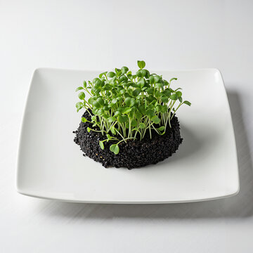  Molecular gastronomy on a squere white plate Edible soil made of black sesame and charcoal, growing microgreens, garden concept white background 