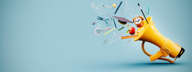 Yellow megaphone announces the beginning of the new school year. School accessories on blue background with copy space. 3D Rendering, 3D Illustration
