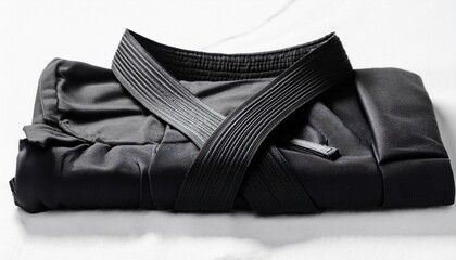 folded black martial arts uniform with black belt on white fabric