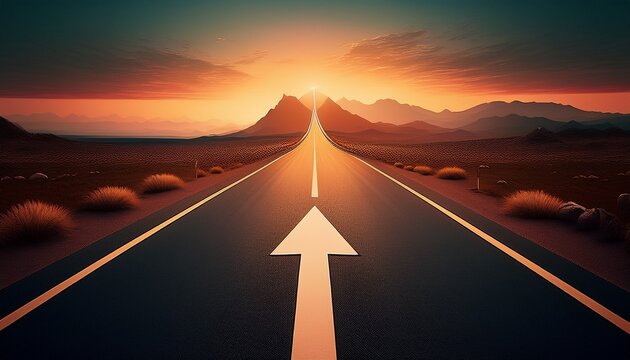 a straight road leading into the distance with an arrow pointing forward on it