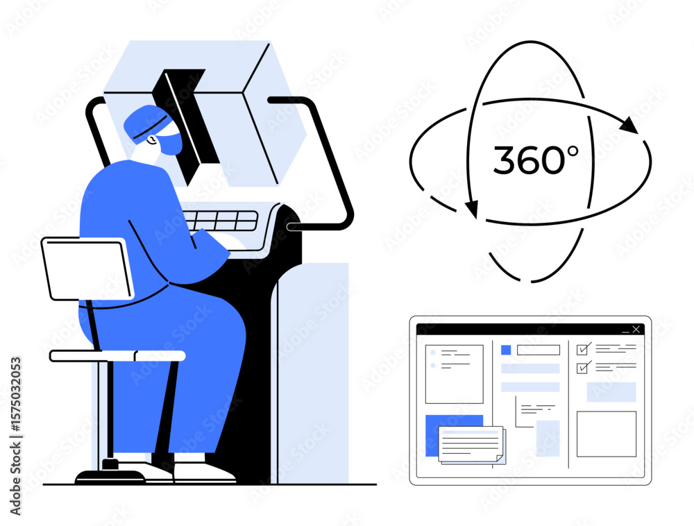 Aufkleber technician using a modern machine, 360-degree virtual interface, and digital dashboard. ideal for te