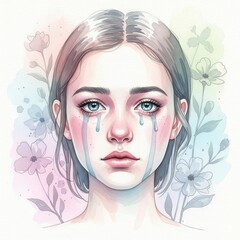 A conceptual illustration of beauty and sorrow, showing a woman's emotional portrait with tears and dissolving watercolor flowers
