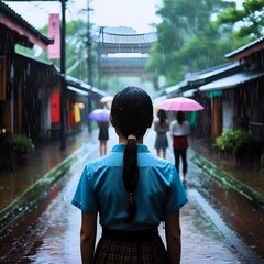 a woman with long hair tied back, wearing a blue uniform and a dark skirt, standing in the middle of a small, rain-drenched street.