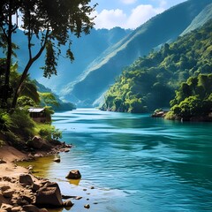  a stunning natural scene of a river flowing peacefully through a green valley surrounded by towering mountains. The clear turquoise water reflects the clear sky and surrounding trees