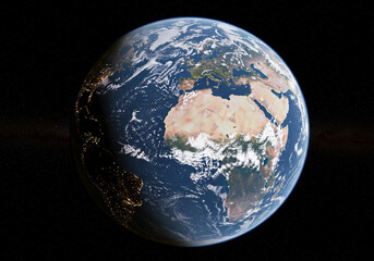 View of planet earth from space showing continents oceans and city lights at night on a black background created with generated ai