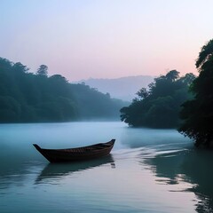 a boat bobbing on a calm surface of water, surrounded by dense green trees on either side of the river
