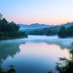 a peaceful scene of a river flowing quietly through a green valley with distant mountains in the background