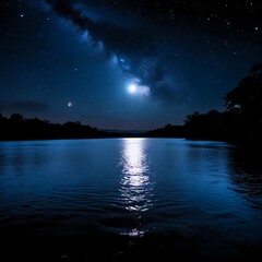 a stunning nighttime view of a river or lake under a starry sky. In the center of the image, the reflection of the moon or bright light from the sky shines on the still, dark water