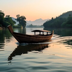 a small wooden boat floating on a calm surface of water